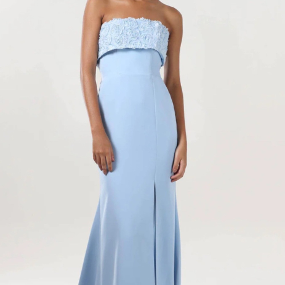 Women’s light blue strapless flower detail formal long dress